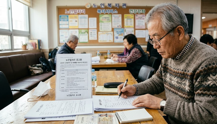노인일자리 공고문을 확인하며 신청 서류를 점검하는 어르신의 사진