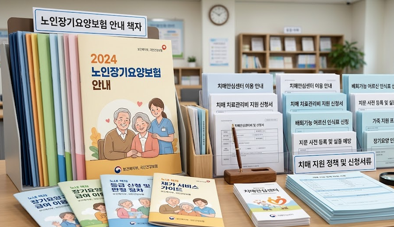 노인장기요양보험 안내 책자와 치매 지원 정책 서류들이 정리된 모습