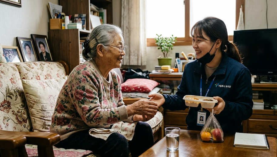 복지관 담당자가 어르신 댁을 방문하여 식사를 전달하며 안부를 묻는 모습 사진 이미지