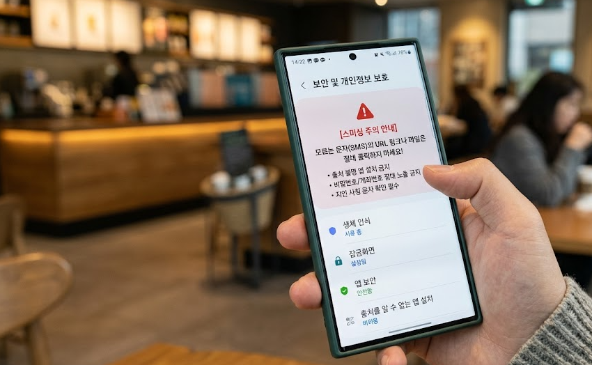 스마트폰 보안 설정과 문자 링크 주의 안내 화면