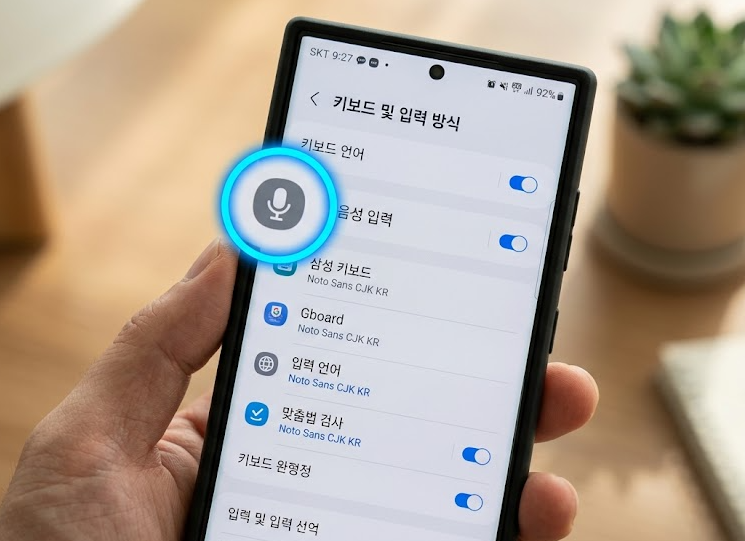 스마트폰 키보드 설정 화면에서 마이크 모양 아이콘의 위치를 강조해 보여주는 사진