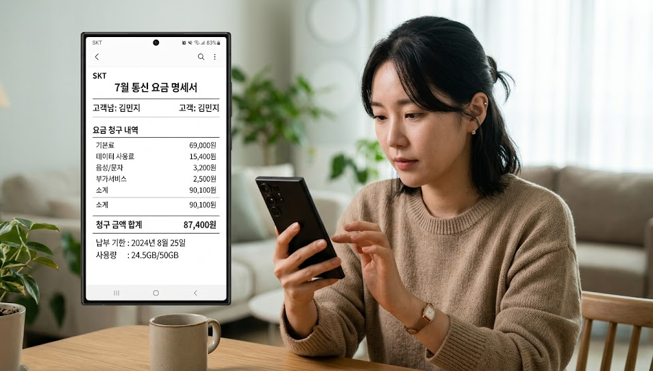 스마트폰 화면에 표시된 통신 요금 명세서를 확인하는 모습