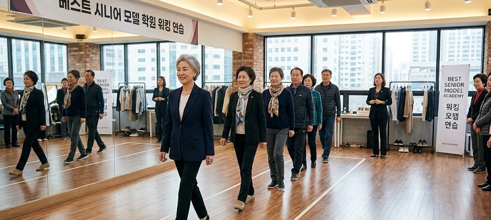 시니어 모델 학원에서 워킹 연습을 하고 있는 수강생들의 모습
