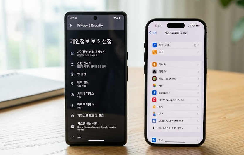 안드로이드와 아이폰의 개인정보 보호 설정 화면