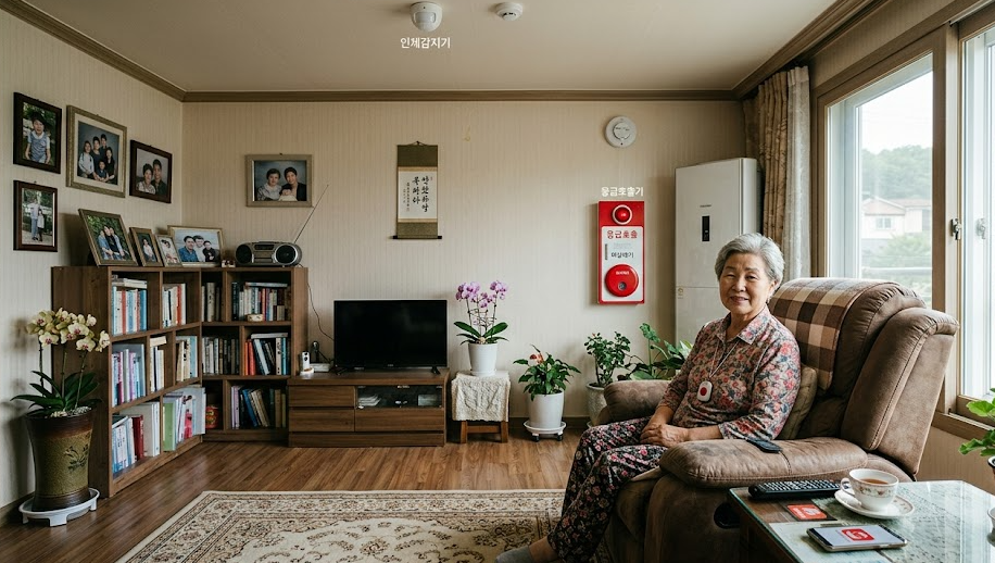 어르신 가정에 응급 호출 장비와 감지기가 설치되어 있는 방 안의 모습