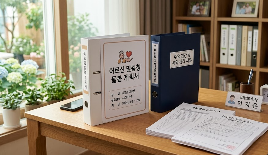 어르신 돌봄 계획서와 관련 서류를 책상 위에 정리해 둔 모습