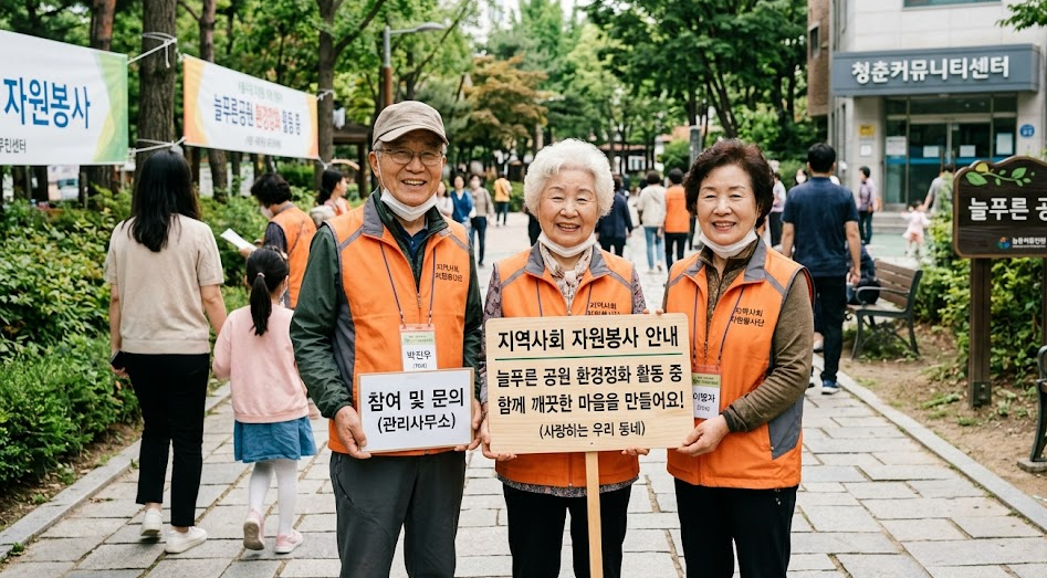 어르신들이 지역사회 봉사활동에 참여하여 안내판을 들고 있는 모습