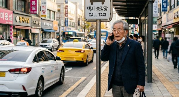 어르신이 길가에서 전화로 택시를 호출하며 기다리는 모습 (어르신 콜택시 이용방법)