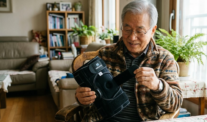 어르신이 무릎보호대의 벨크로와 구조를 확인하는 모습