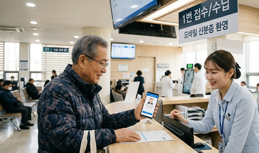 병원 접수처에서 모바일 신분증 화면을 제시하는 모습
