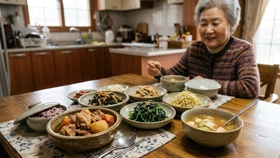 어르신이 섭취하기 편하게 부드럽게 익힌 단백질과 나물 반찬