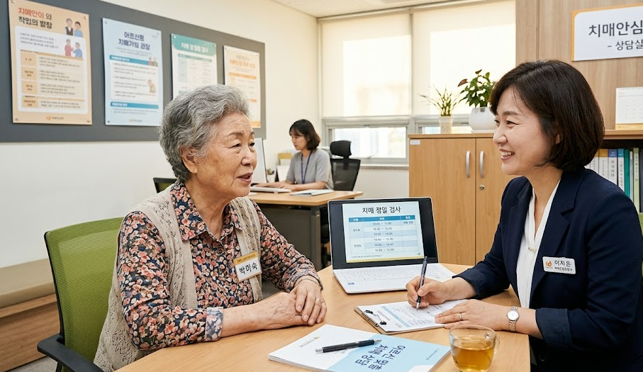 어르신이 치매안심센터에서 전문가와 상담을 진행하는 모습