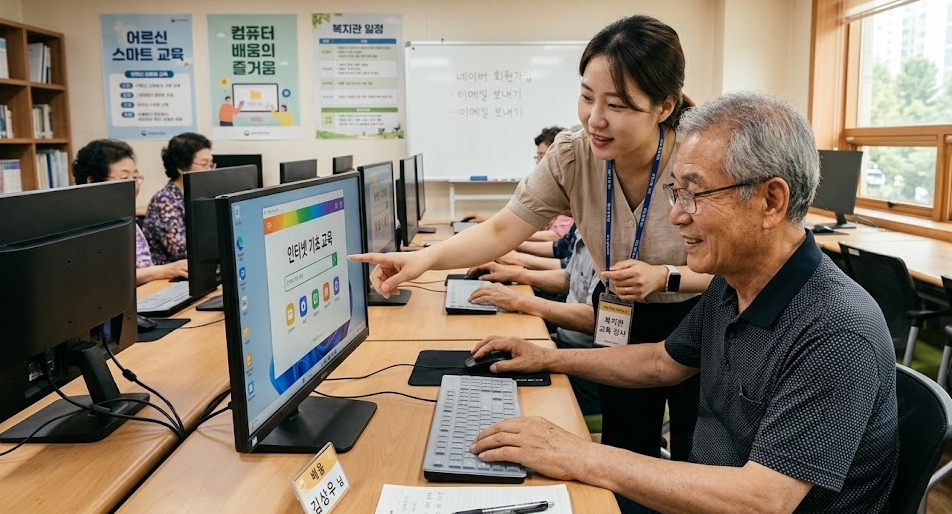 어르신이 컴퓨터 교육이나 시설 관리 업무를 배우는 모습