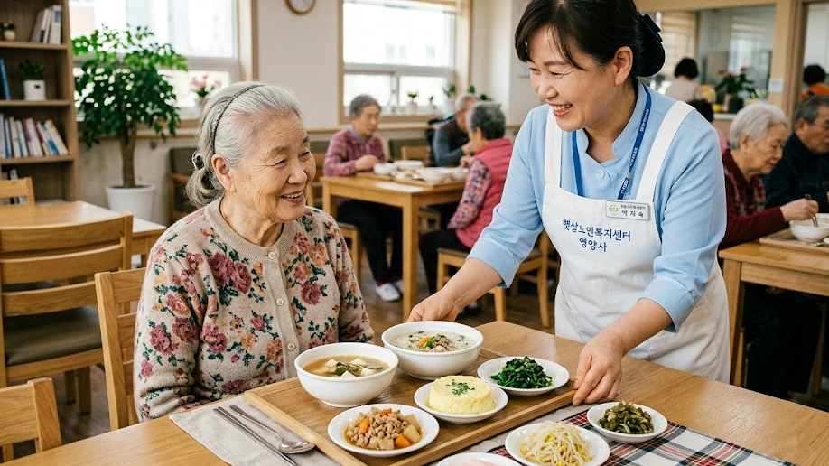 영양사가 어르신을 위한 부드러운 반찬과 국을 차려놓은 모습 사진 이미지