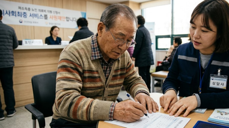 저소득층 노인 의료비 지원 신청를 작석하는 모습