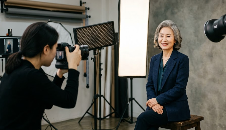 전문 스튜디오에서 프로필 사진을 촬영 중인 시니어 모델 모습