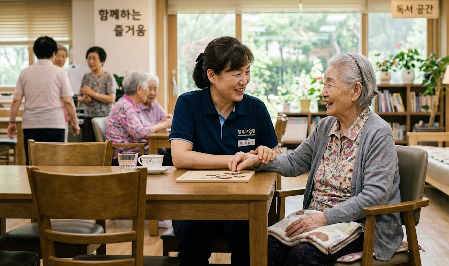 전문 요양보호사가 어르신과 함께 일상 대화를 나누며 활동을 돕는 모습