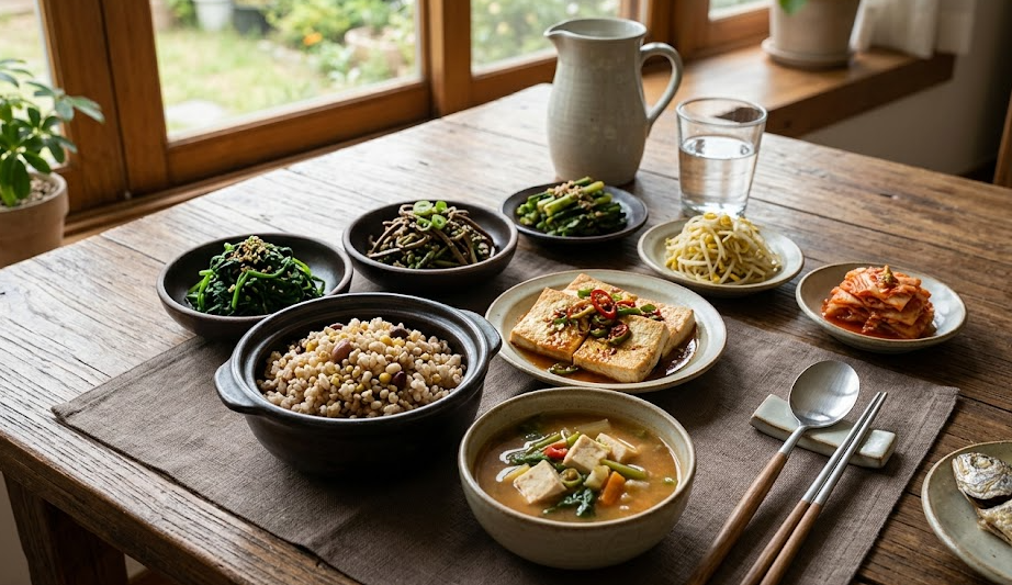 정갈하게 차려진 잡곡밥과 나물 단백질 반찬이 놓인 식탁