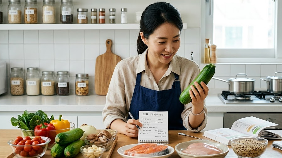 조리 전 식재료의 영양 성분과 상태를 점검하는 정갈한 모습