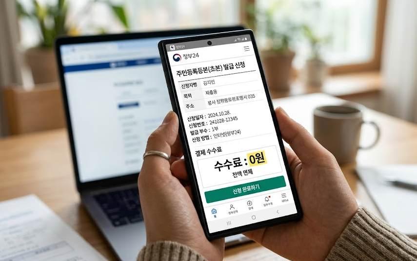 주민등록등본 발급 화면에서 수수료 0원이 표시된 스마트폰 안내 사진