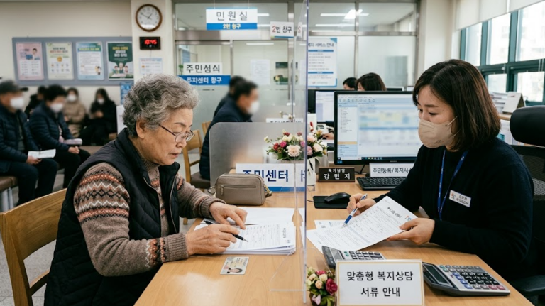 노인 통신비 감면 관련 주민센터 창구에서 복지 상담을 받는 어르신의 서류 확인 장면