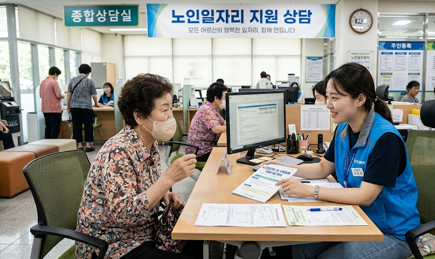 지역 주민센터에서 노인일자리 지원 상담을 진행하는 모습