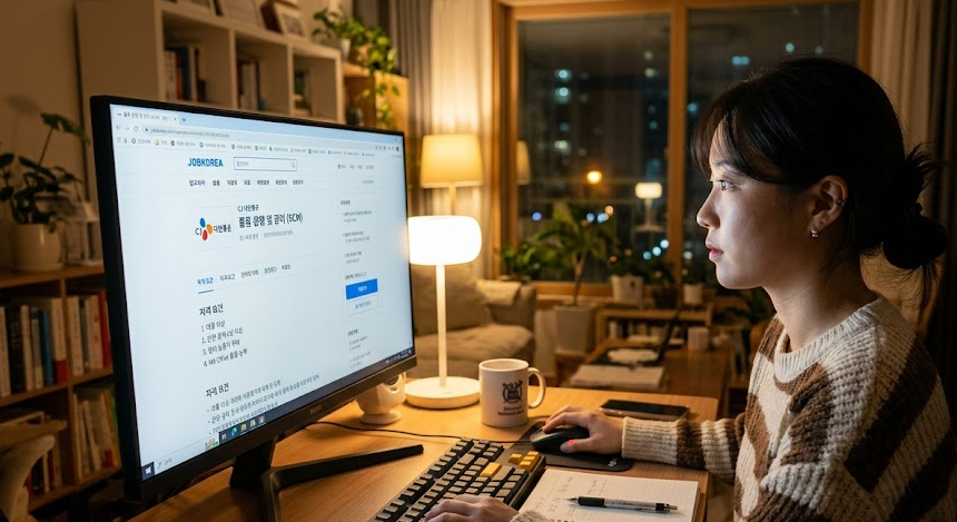 컴퓨터 화면으로 일자리 공고 및 자격 요건을 확인하는 모습