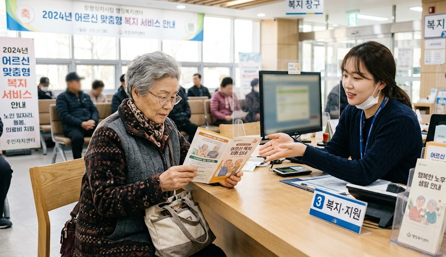 행정복지센터 창구에서 독거노인 어르신 복지 지원 안내 책자를 살피는 모습