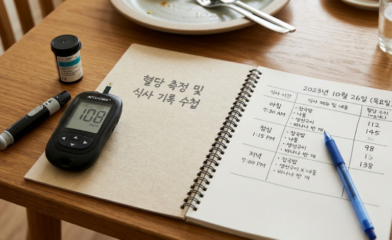 당뇨 관리 식단 이후 혈당 측정기와 식사 기록을 정리하는 수첩