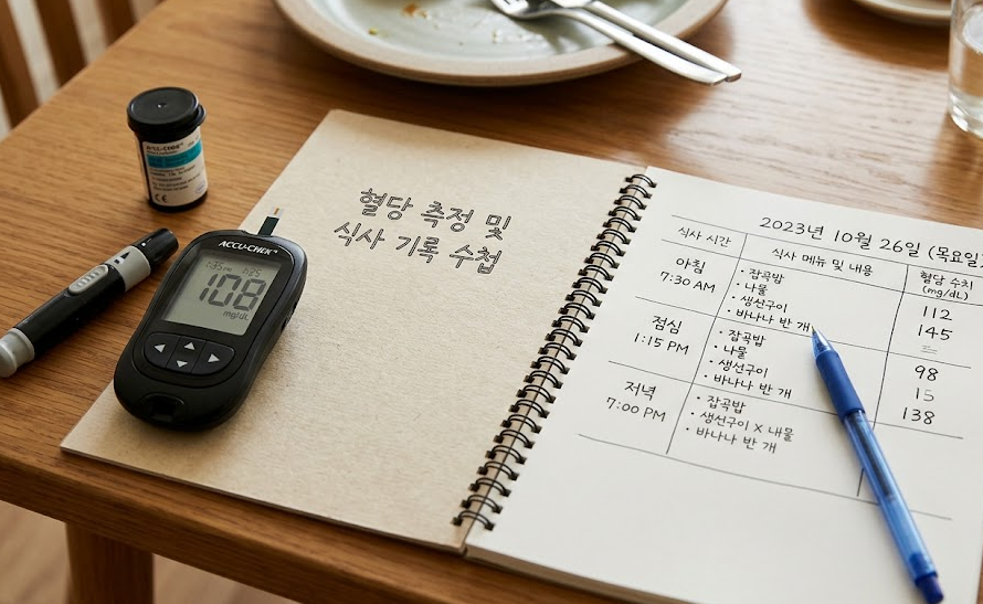 당뇨 관리 식단 이후 혈당 측정기와 식사 기록을 정리하는 수첩