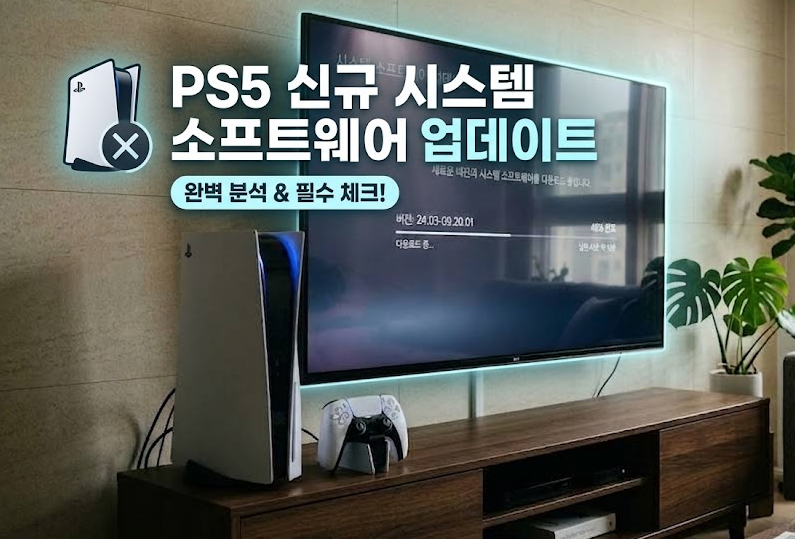 TV와 PS5 본체에 시스템 업데이트 소개 문구를 배치한 AI 설명 이미지로 실제 최신 버전 화면은 아님