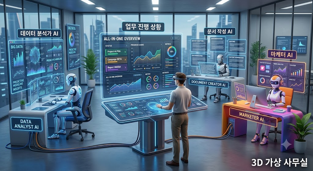 3D 가상 사무실 안에 ‘데이터 분석가 AI’, ‘마케터 AI’, ‘문서 작성 AI’가 각각 자리 잡고 있고, 중앙에는 사람 관리자가 업무 진행 상황을 보는 화면