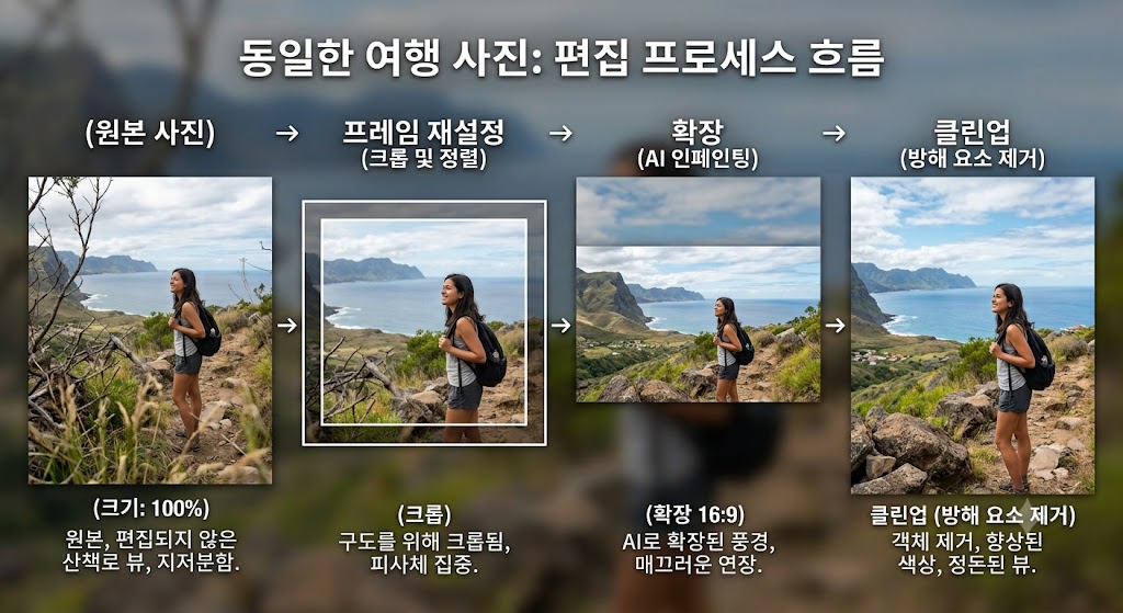 여행 사진의 원본·구도 조정·여백 확장·방해물 제거를 순서대로 그린 AI 개념도