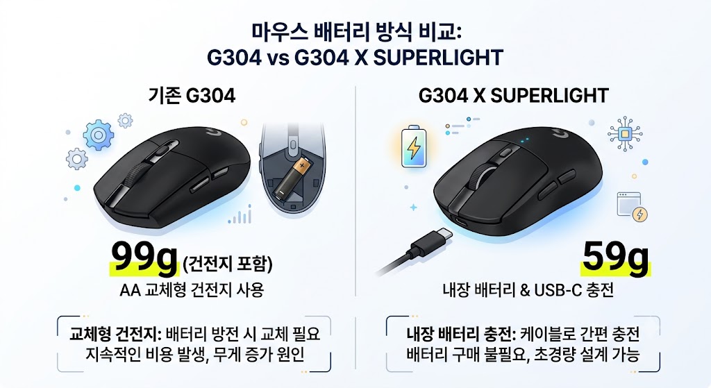 AA 배터리 포함 99g인 G304와 내장 배터리 59g인 G304 X SUPERLIGHT 비교