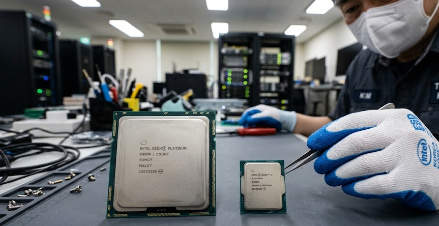 AMD 에픽 9006과 엔비디아 베라 서버 CPU의 크기 차이를 보여주는 비교 사진