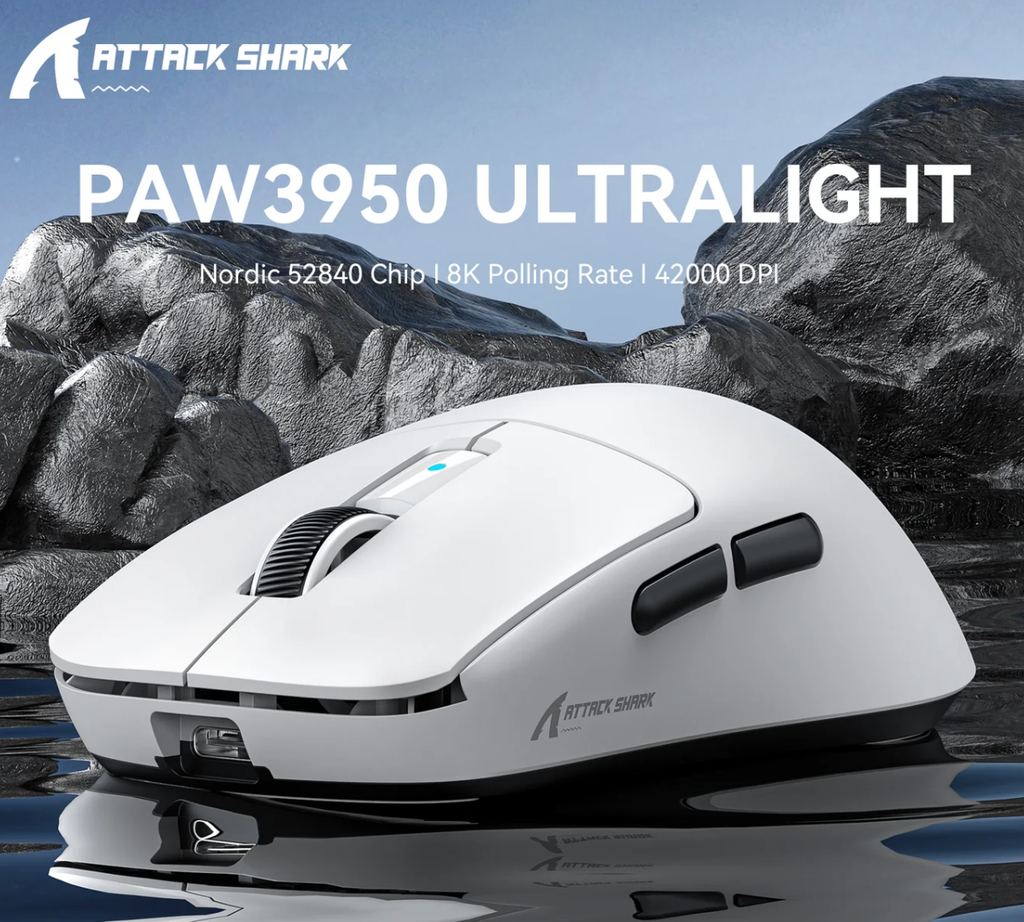 PAW3950·8K·42000DPI 문구가 있는 흰색 ATTACK SHARK R6 홍보 이미지