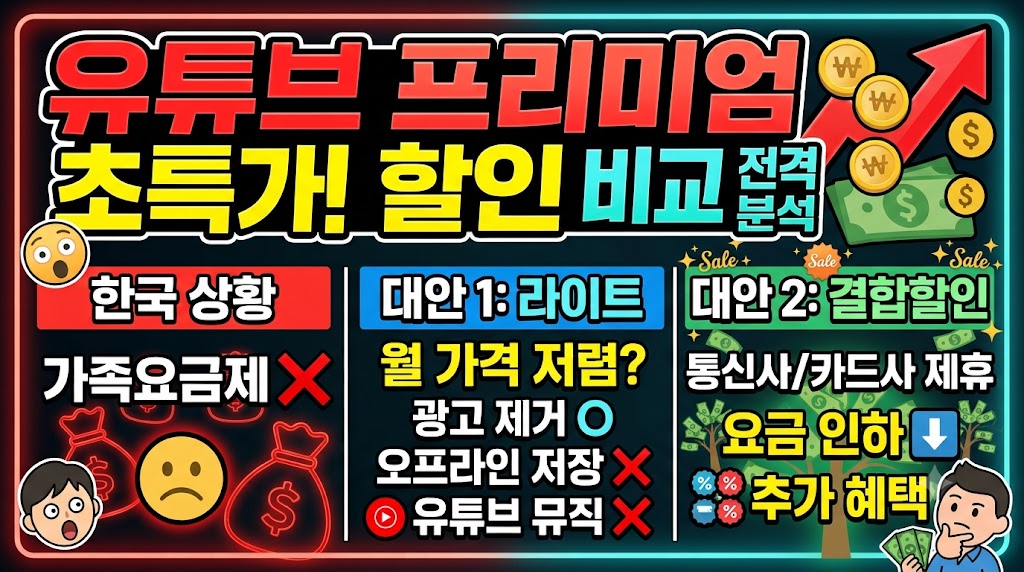 유튜브 프리미엄 싸게 보는 법: 가족요금제 없는 한국, 라이트·결합할인 비교 주제에 맞는 썸네일 이미지.