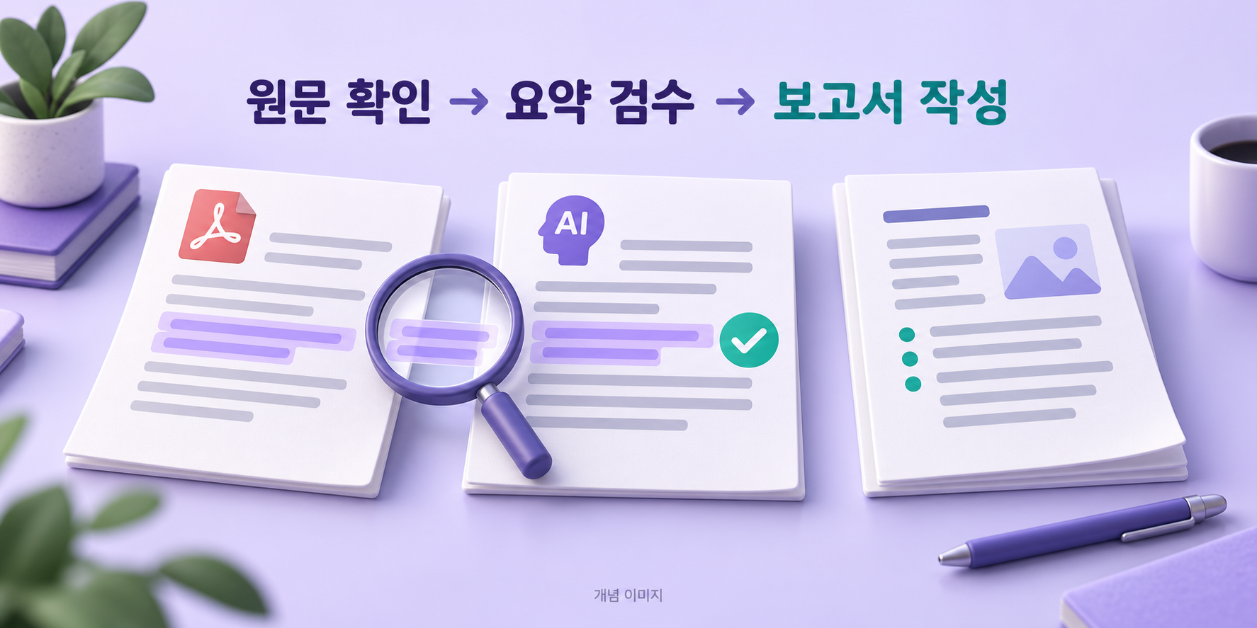 PDF 원문 확인부터 AI 요약 검수와 보고서 작성까지의 개념 이미지