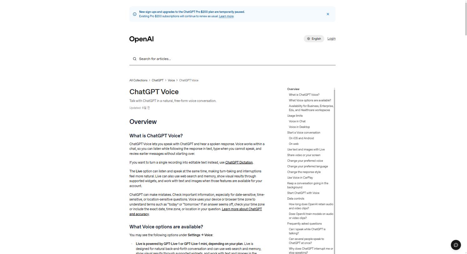 OpenAI ChatGPT Voice 도움말의 개요와 목차를 보여주는 기존 영문 캡처