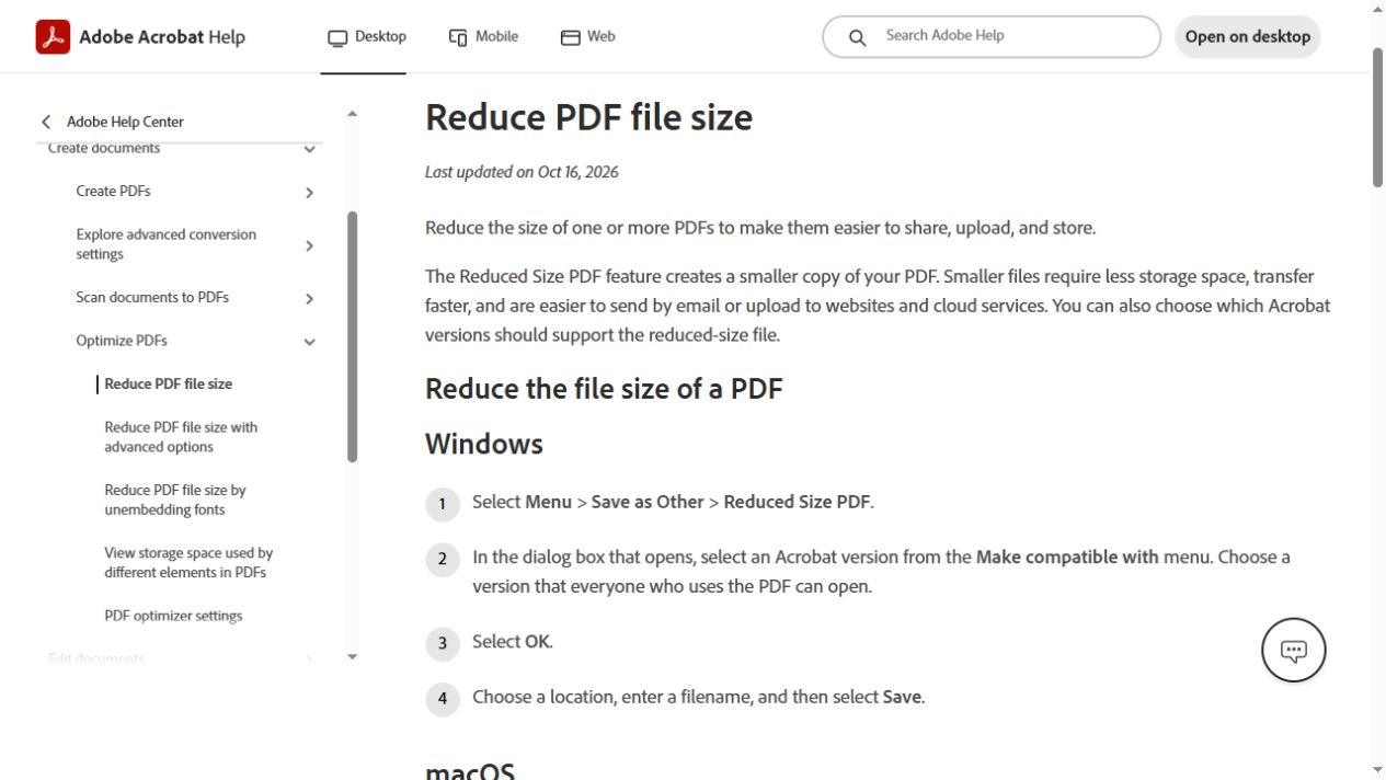 Adobe 공식 도움말에 표시된 Windows PDF 용량 축소 메뉴와 호환 버전 선택·저장 순서
