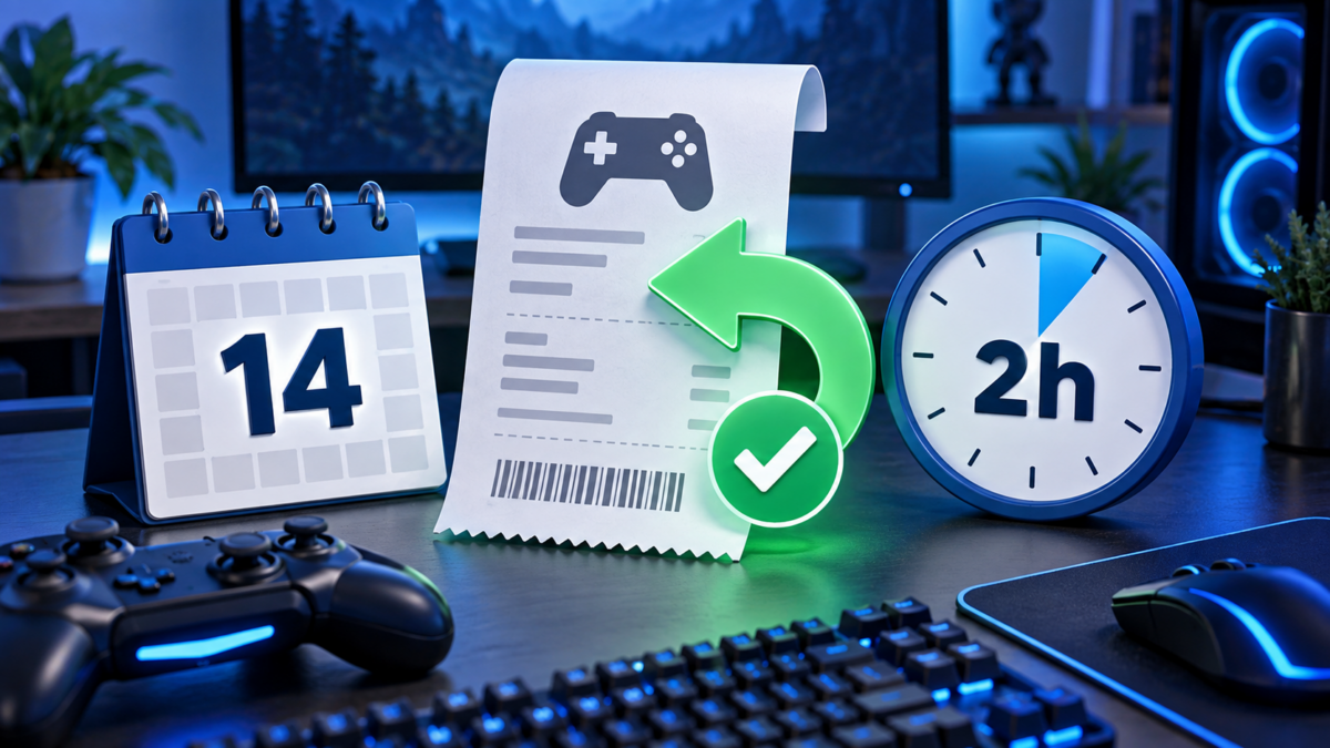 14일 달력과 2시간 시계로 Steam 환불의 일반 기준을 표현한 설명 일러스트