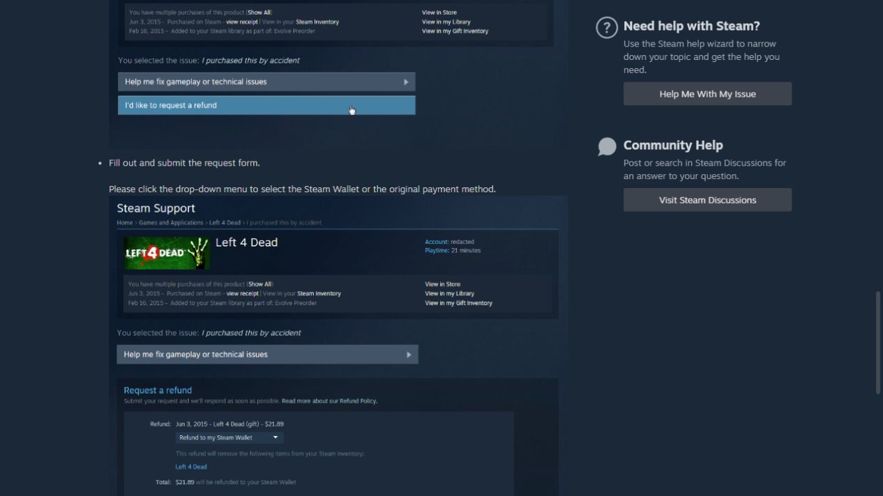 Steam 공식 도움말의 환불 요청 버튼과 Steam 지갑 반환 수단 예시