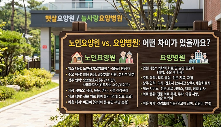 노인 요양원과 요양병원의 차이점을 설명하는 안내판