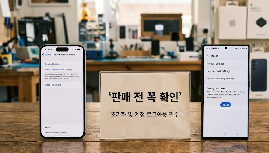 아이폰·갤럭시와 판매 전 초기화·계정 로그아웃 안내판을 배치한 AI 설명 이미지