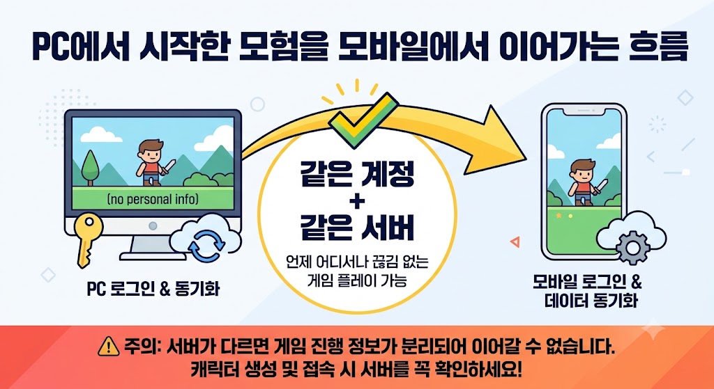 애니모 PC와 모바일 간 진행도를 이어가려면 계정과 서버가 같아야 한다는 안내도