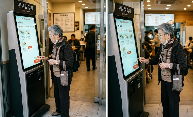 어르신이 매장 입구에 설치된 무인 주문 기기 화면을 바라보는 모습