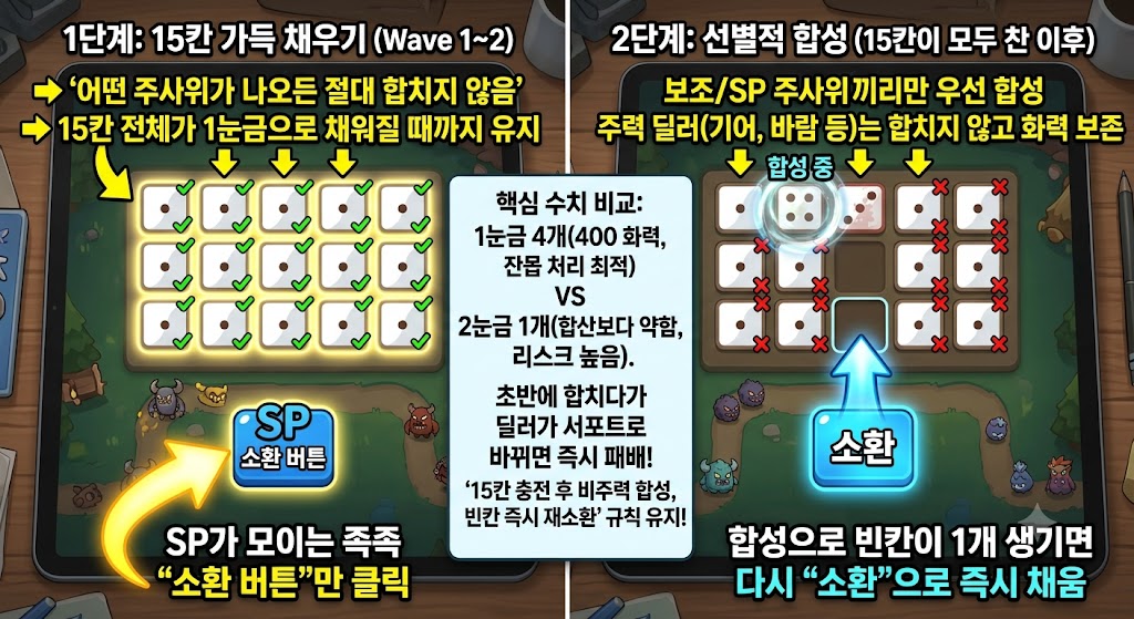 초반 필드 전개 우선 합성보다 필드 빈ㄱ칸 먼저 채우기