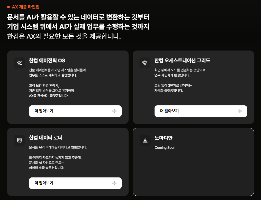 한컴 AX 제품 라인업에서 노마디안 출시 예정을 안내하는 화면