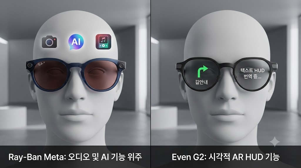  왼쪽 Ray-Ban Meta에는 카메라·AI·음악 아이콘, 오른쪽 Even G2에는 렌즈 위 길안내·텍스트 HUD를 표현한 비교 이미지