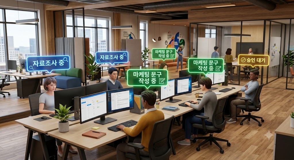 3D 가상 사무실의 여러 자리 위에 ‘자료조사 중’, ‘마케팅 문구 작성 중’, ‘승인 대기’ 같은 상태표시가 떠 있는 이미지